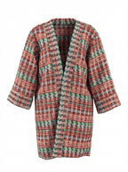 Kimono en tweed vert, blanc, saumon, marine et doré tissé et fabriqué en France