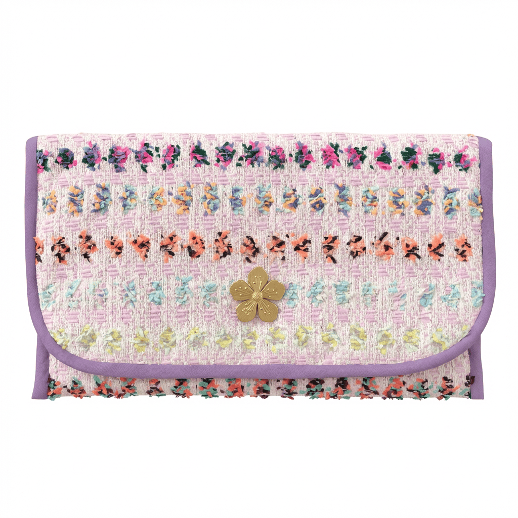 Pochette Alexandre en tweed rose tendre, lilas, jaune moutarde, orange, vert amande et rose fluo tissé et fabriquée en France