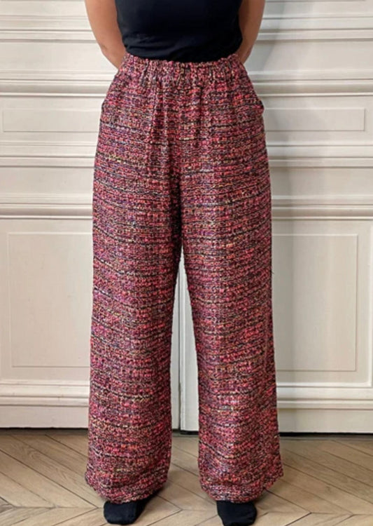 Pantalon en tweed rose, noir, violet et jaune fabriqué en France