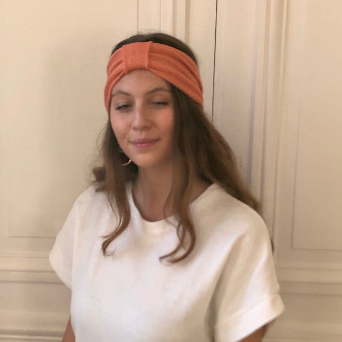 Headband corail tricoté en en France 58% cachemire 42% lin