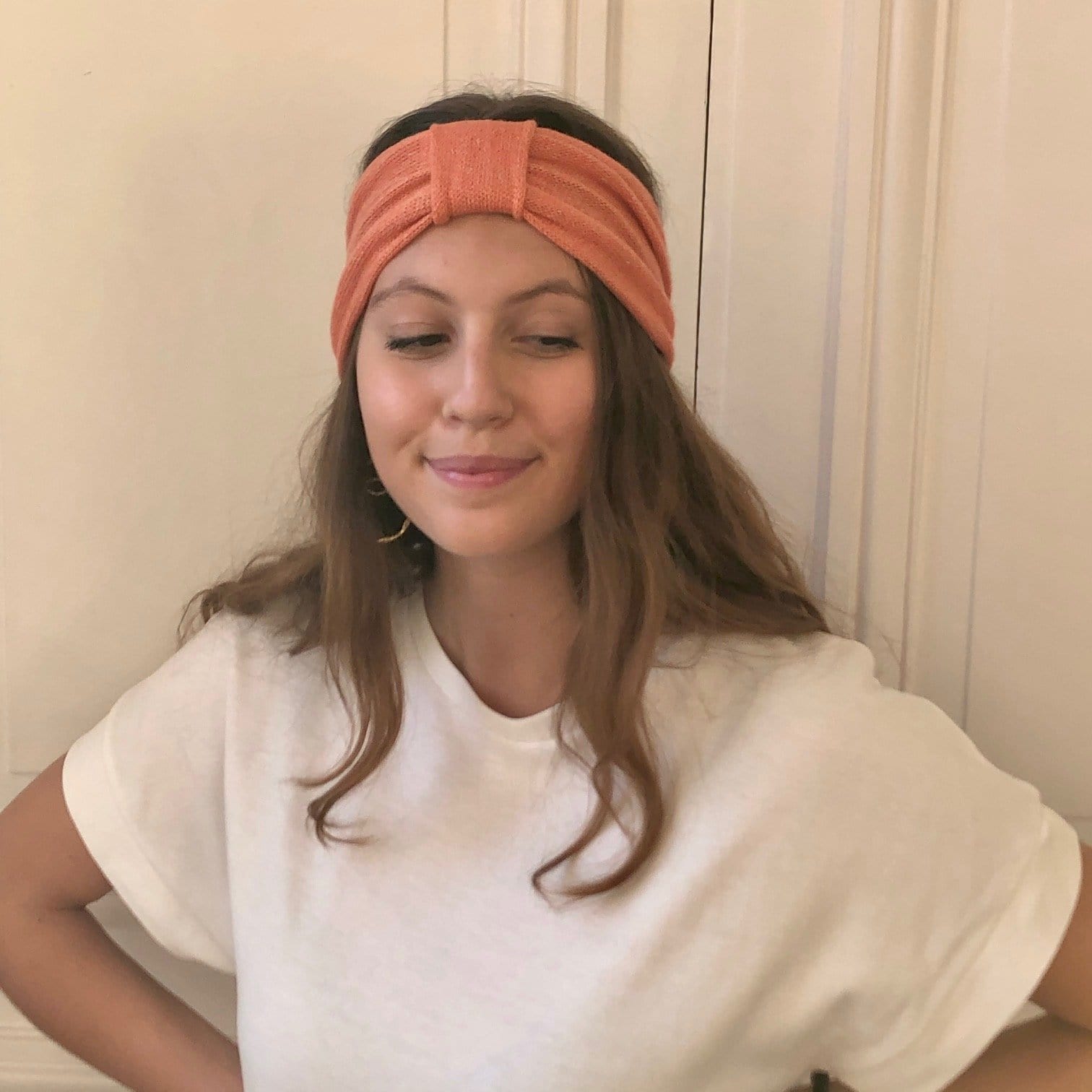 Bandeau corail tricoté en en France 58% cachemire 42% lin