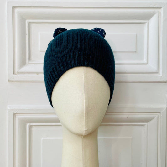 Bonnet bleu canard avec oreilles en tweed méduses 100% cachemire maille serrée