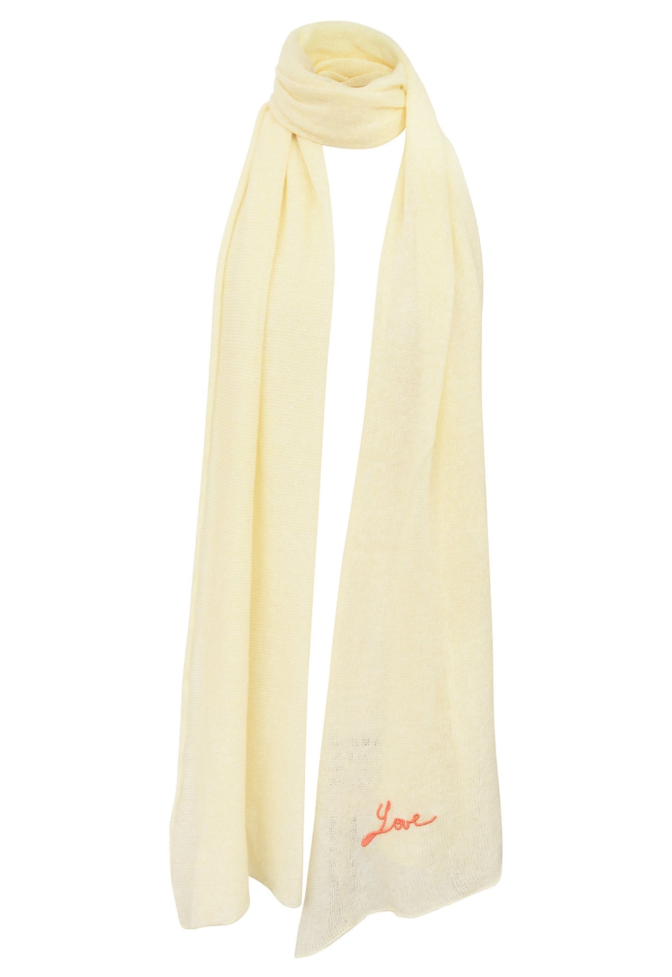 Etole jaune pâle avec broderie Love tricotée en France 200x60 cm 58% cachemire 42% lin