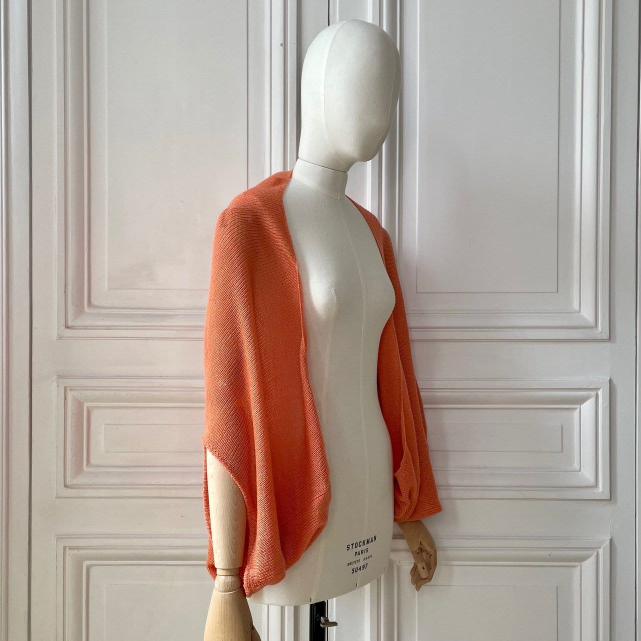 Étole pull corail 58% cachemire 42% lin tricotée en France