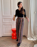 Pantalon en tweed noir, violet, orange et or fabriqué en France