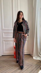 Pantalon en tweed noir, violet, orange et or fabriqué en France