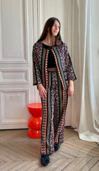Pantalon en tweed noir, violet, orange et or fabriqué en France