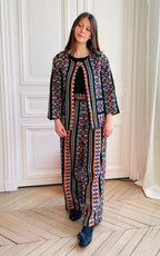 Pantalon en tweed noir, violet, orange et or fabriqué en France