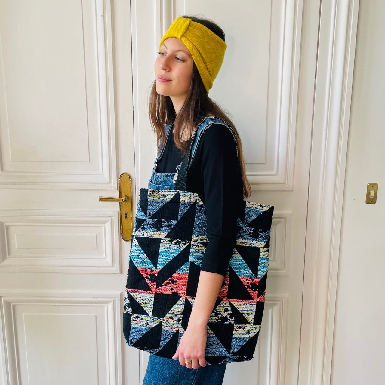Sac Vivien en tweed bleu, blanc, jaune, corail tissé et fabriqué en France