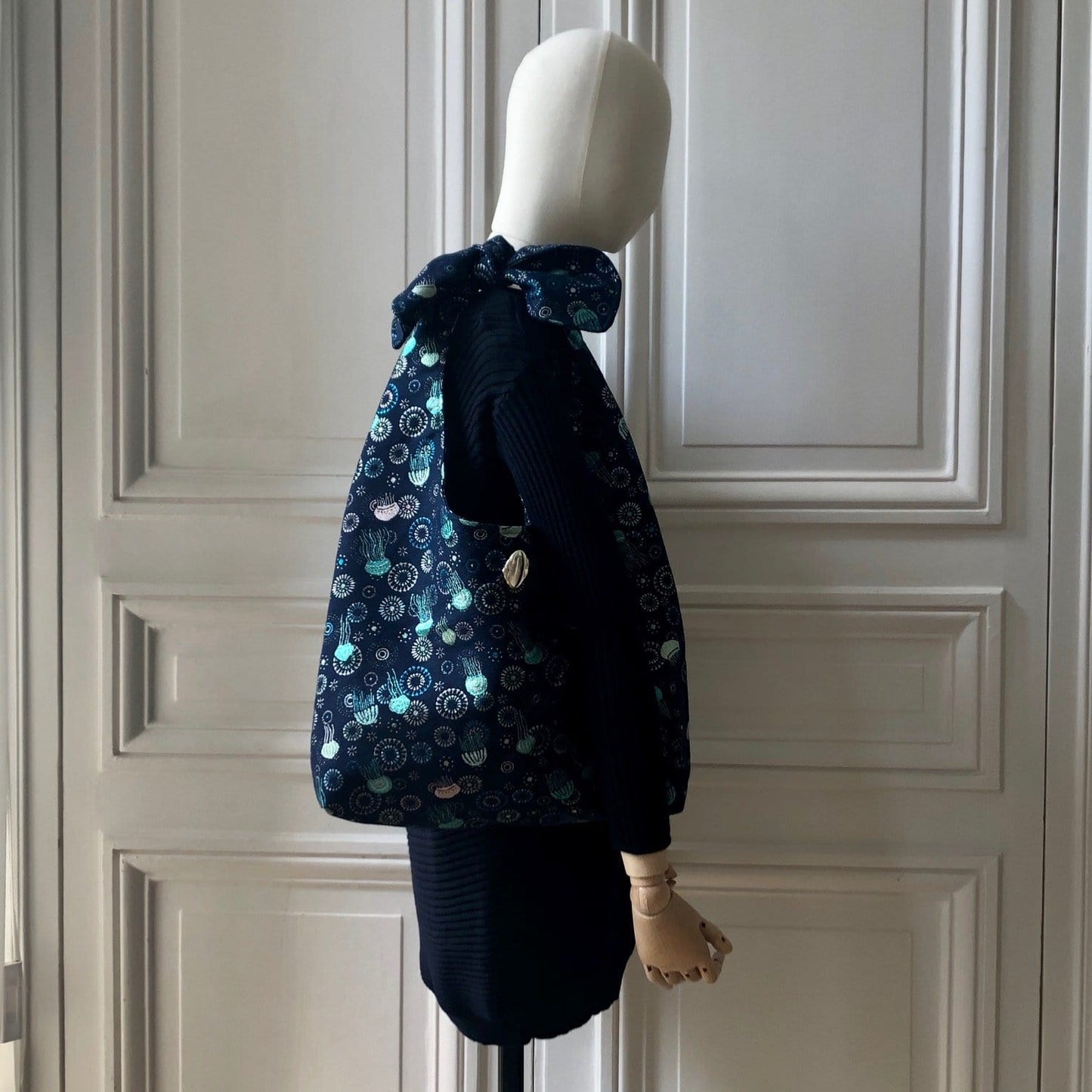 Sac Angèle en tweed méduses bleu marine, turquoise et argenté tissé et fabriqué en France