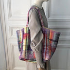 Sac Sébastien en tweed rose tendre, rose vif, rouge, noir, lilas et orange tissé et fabriqué en France