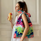 Sac Angèle en tweed bleu ciel, bleu marine, fuschia, jaune et corail tissé et fabriqué en France