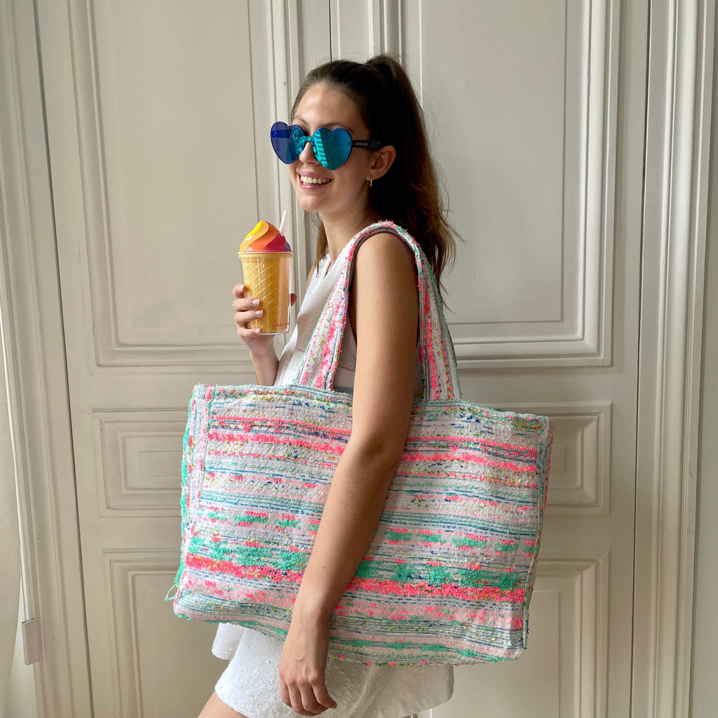 Sac Justine en tweed bleu, rose fluo, blanc et vert d'eau tissé et fabriqué en France