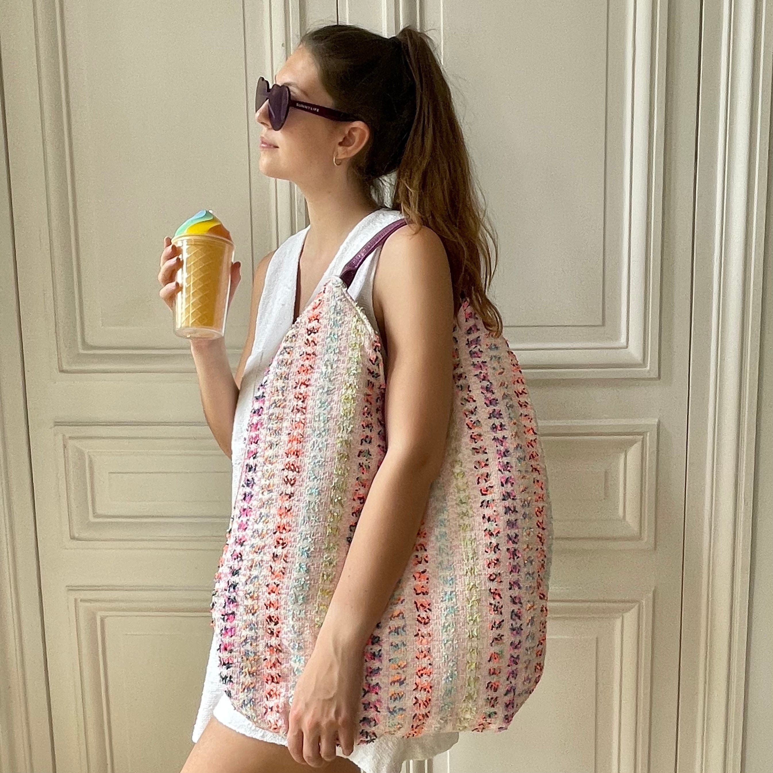 Sac Yvette en tweed rose, orange, bleu ciel et vert tissé et fabriqué en France