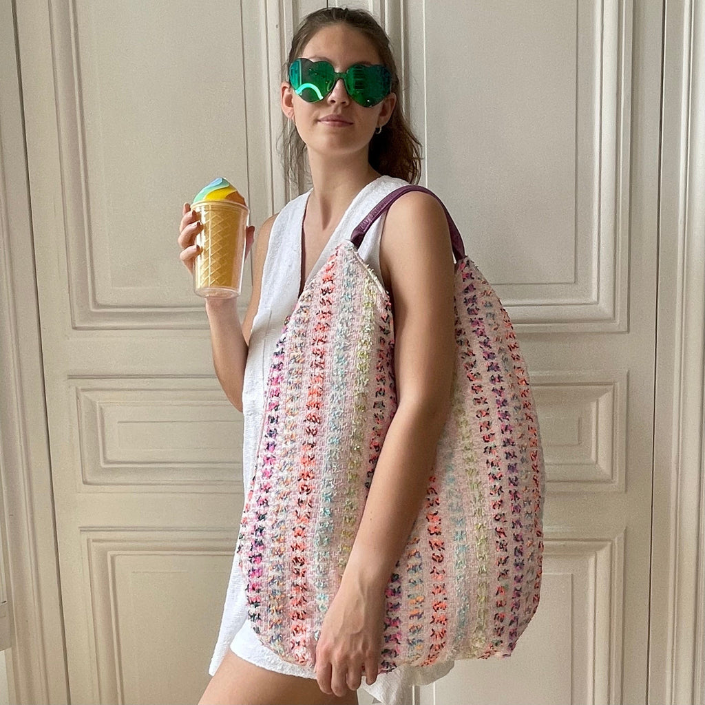 Sac Yvette en tweed rose, orange, bleu ciel et vert tissé et fabriqué en France