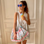 Sac Bénédicte en tweed bleu, rose fluo, blanc et vert d'eau tissé et fabriqué en France