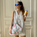 Sac Bénédicte en tweed bleu, rose fluo, blanc et vert d'eau tissé et fabriqué en France