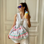 Sac Bénédicte en tweed bleu, rose fluo, blanc et vert d'eau tissé et fabriqué en France