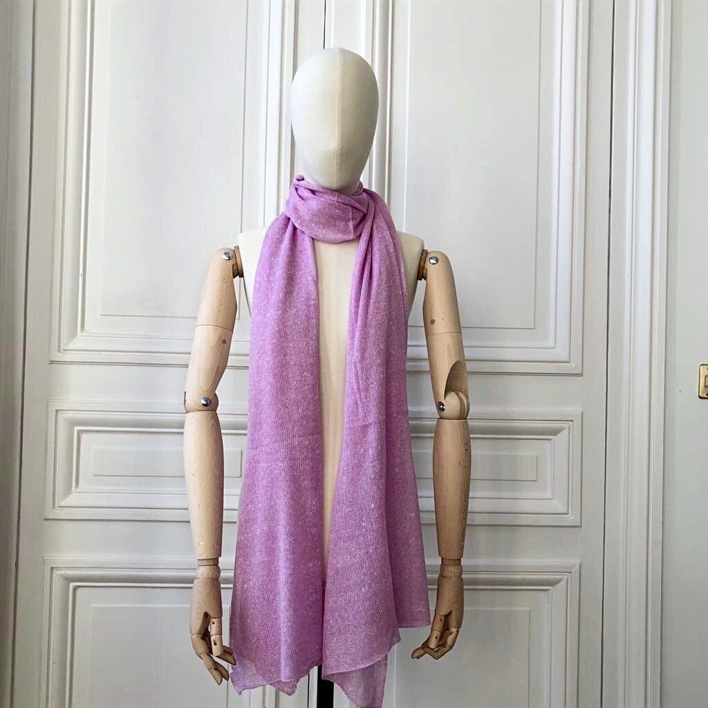 Etole lilas tricotée en France 200x60 cm 58% cachemire 42% lin