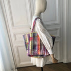 Sac Sébastien en tweed rose tendre, rose vif, rouge, noir, lilas et orange tissé et fabriqué en France