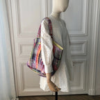 Sac Sébastien en tweed rose tendre, rose vif, rouge, noir, lilas et orange tissé et fabriqué en France