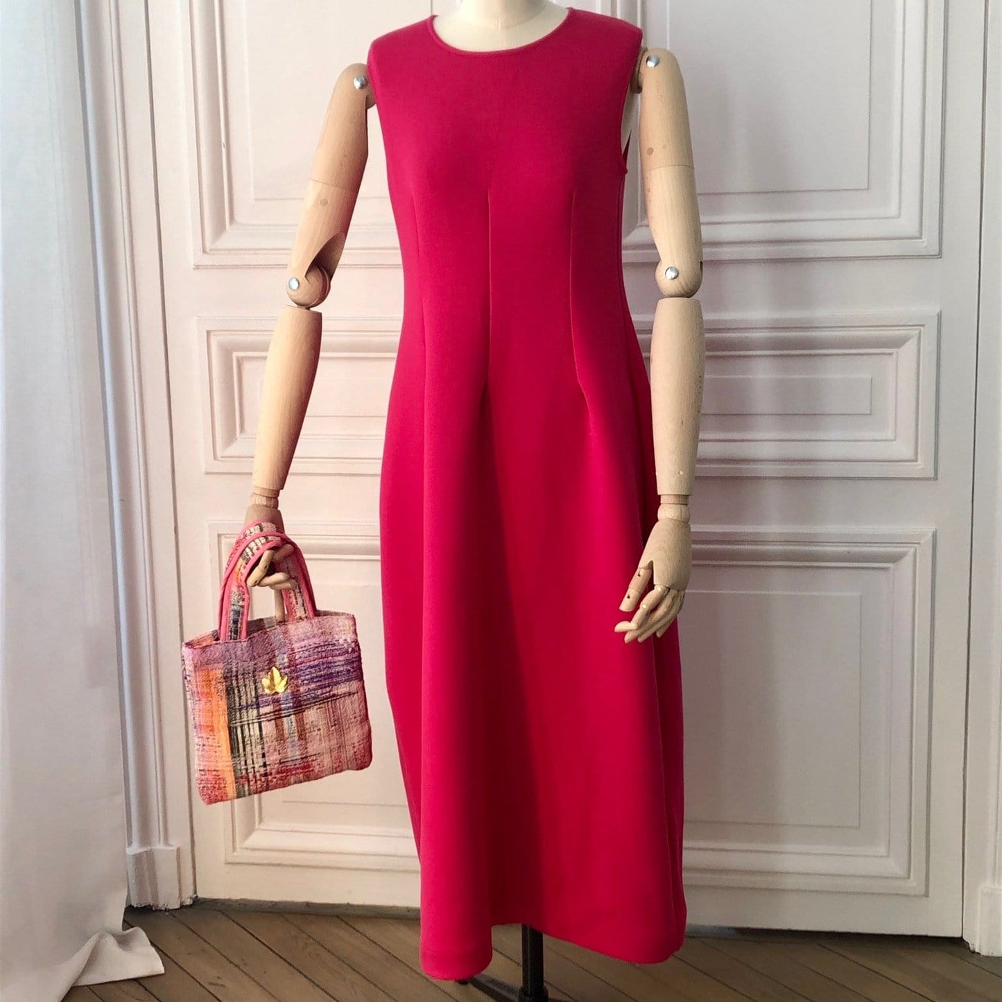 Mini sac Bienvenue en tweed rose tendre, rose vif, rouge, noir, lilas et orange tissé et fabriqué en France