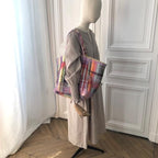 Sac Sébastien en tweed rose tendre, rose vif, rouge, noir, lilas et orange tissé et fabriqué en France