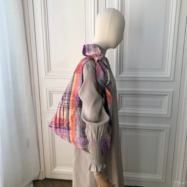 Sac Angèle en tweed rose tendre, rose vif, rouge, noir, jaune, lilas et orange tissé et fabriqué en France