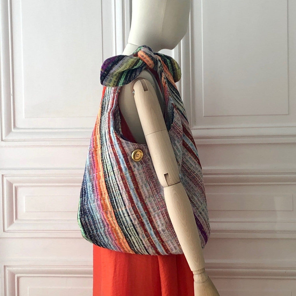 Sac Angèle en tweed rose tendre, rose vif, rouge, noir, jaune, lilas et orange tissé et fabriqué en France