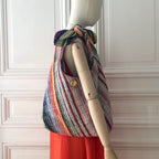 Sac Angèle en tweed rose tendre, rose vif, rouge, noir, jaune, lilas et orange tissé et fabriqué en France