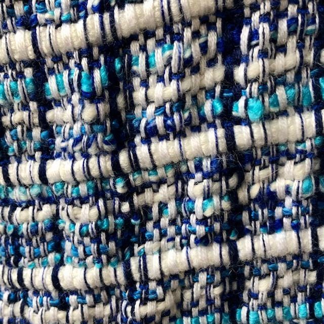 Kimono en tweed bleu marine, turquoise et blanc tissé et fabriqué en France