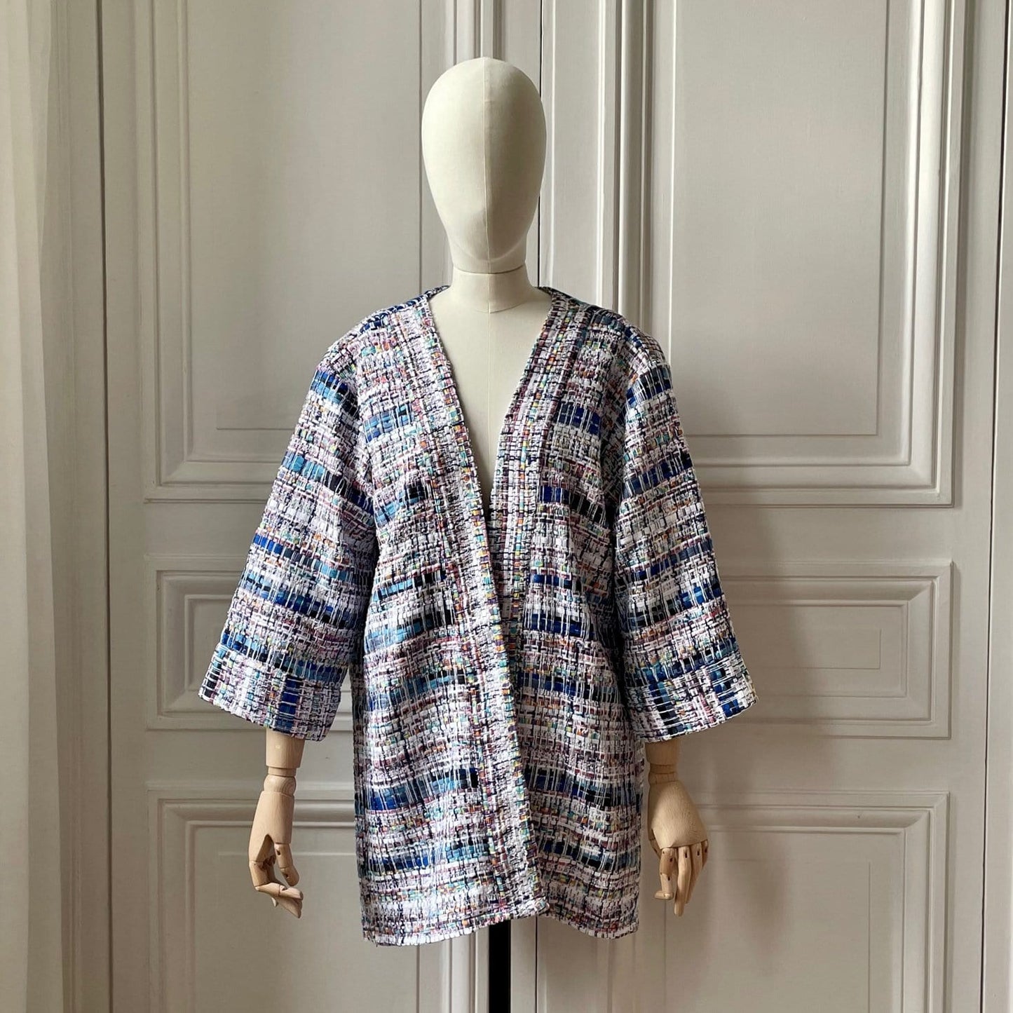 Kimono en tweed bleu ciel et blanc tissé et fabriqué en France