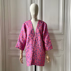 Kimono en tweed rose mauve et argent figues tissé et fabriqué en France
