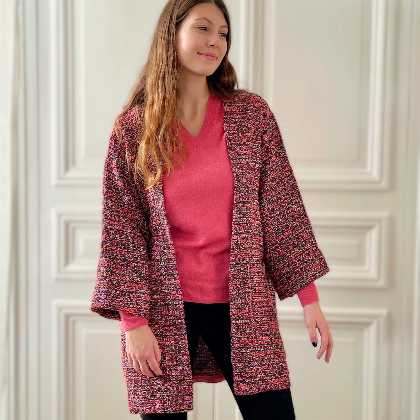 Kimono en tweed rose et noir tissé et fabriqué en France