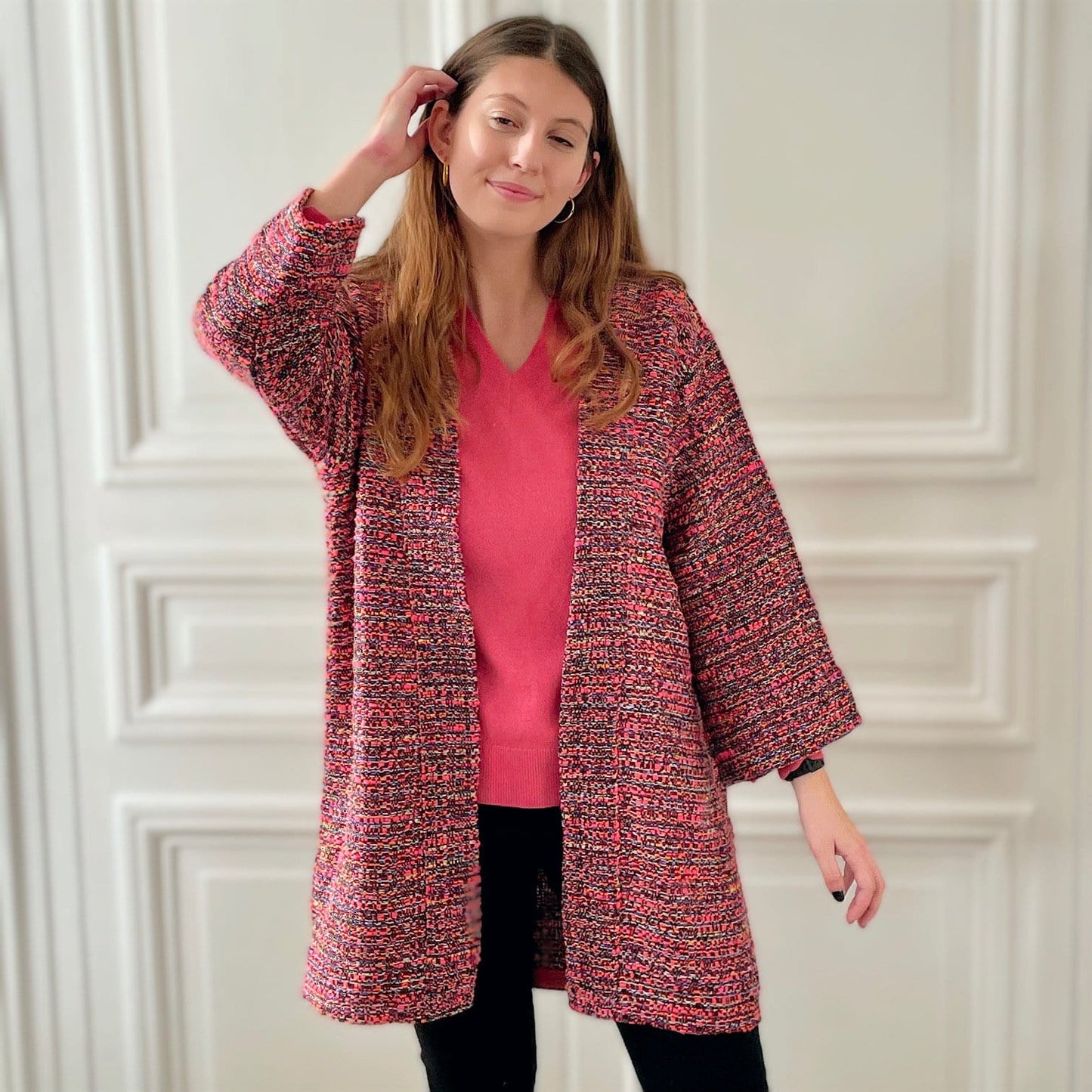 Kimono en tweed rose et noir tissé et fabriqué en France