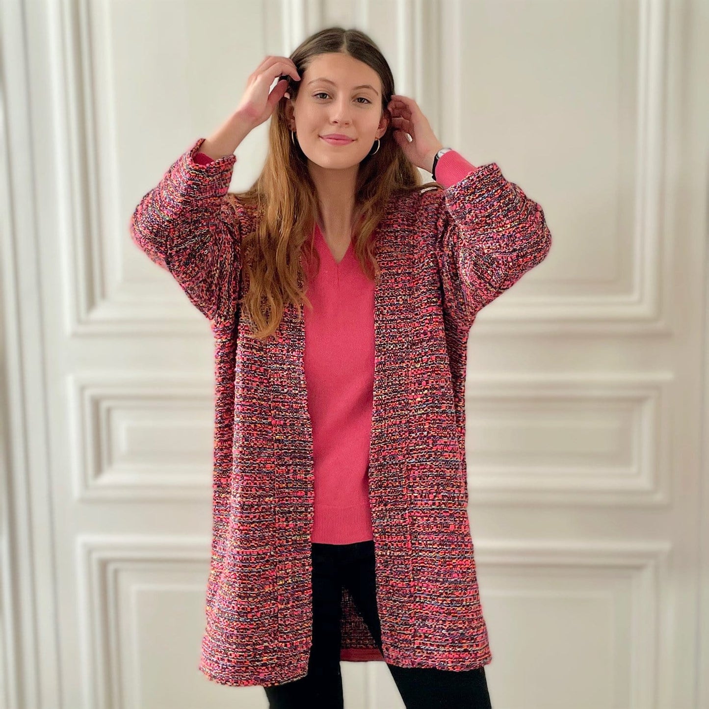 Kimono en tweed rose et noir tissé et fabriqué en France