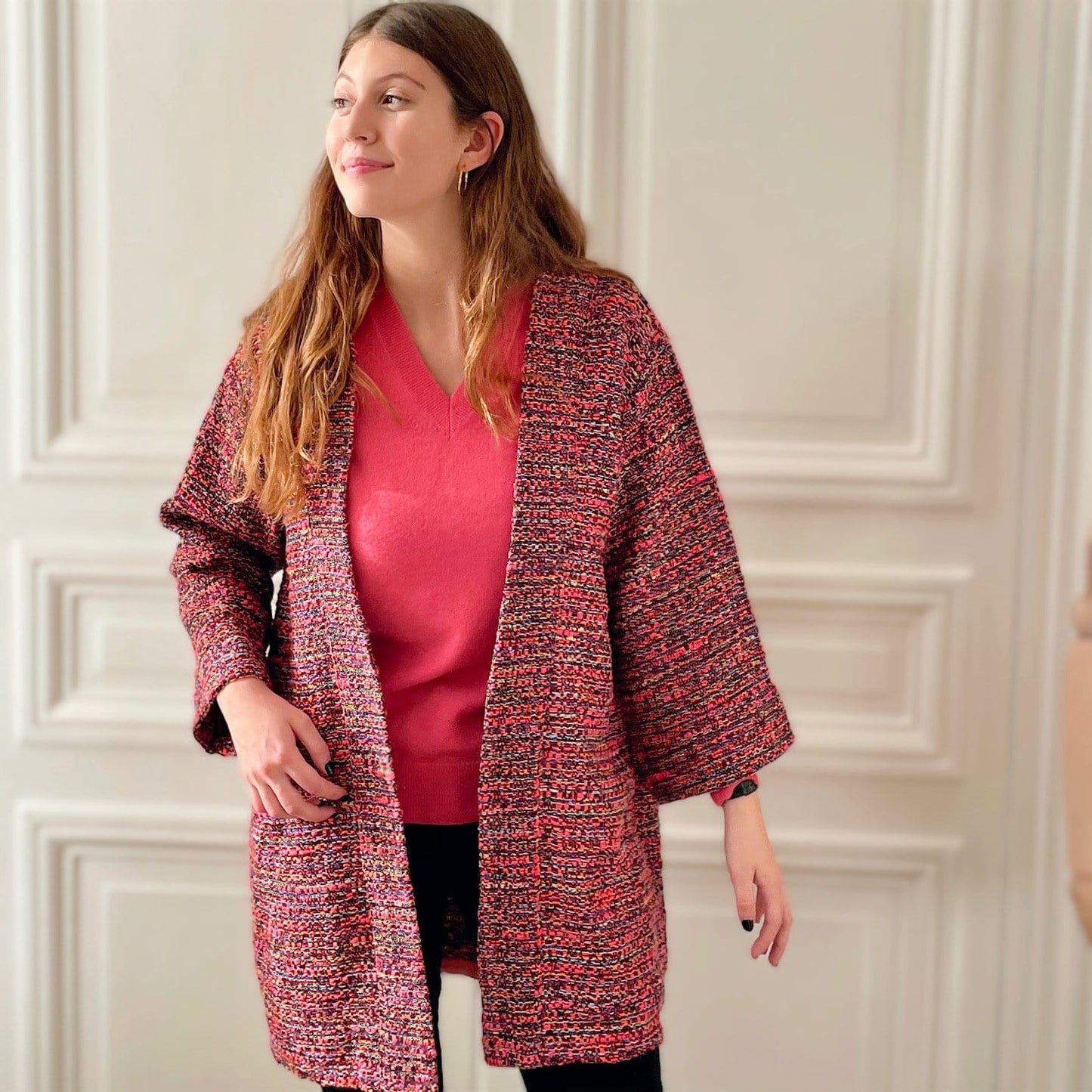 Kimono en tweed rose et noir tissé et fabriqué en France