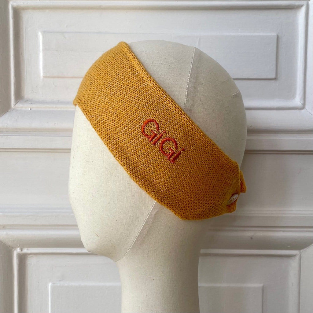 Bandeau jaune orangé 58% cachemire 42% lin tricoté en France