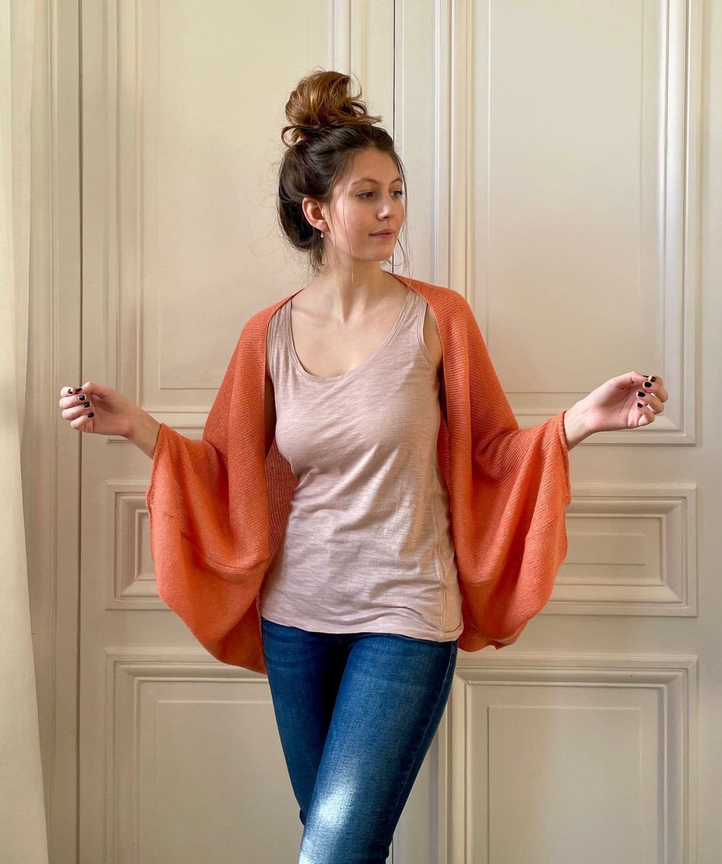 Étole pull corail 58% cachemire 42% lin tricotée en France