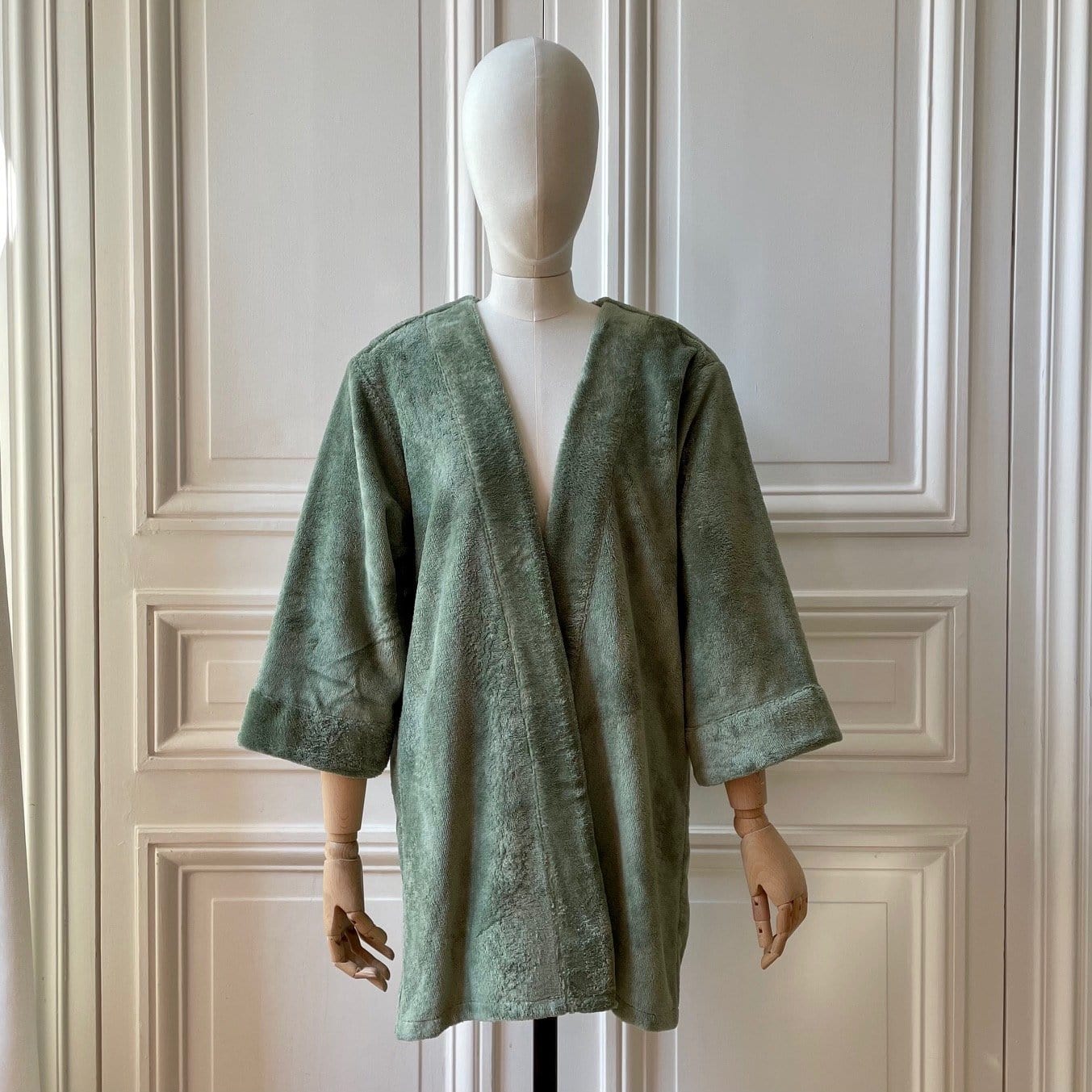 Kimono en éponge coton et bambou vert amande fabriqué en France