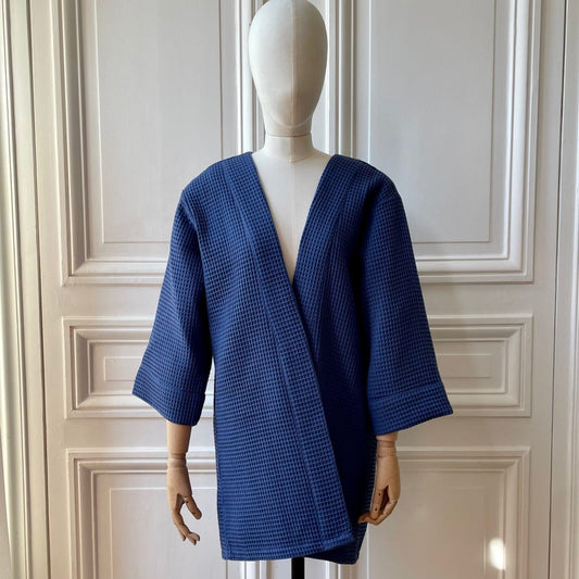 Kimono en coton nid d'abeille bleu fabriqué en France
