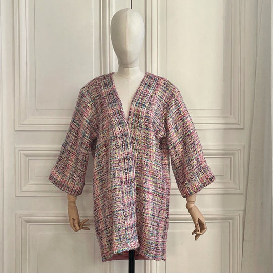 Kimono en tweed rose, jaune, violet, vert tissé et fabriqué en France