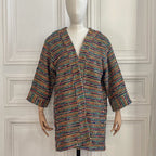 Kimono en tweed jaune, bleu, orange, turquoise et noir et fabriqué en France