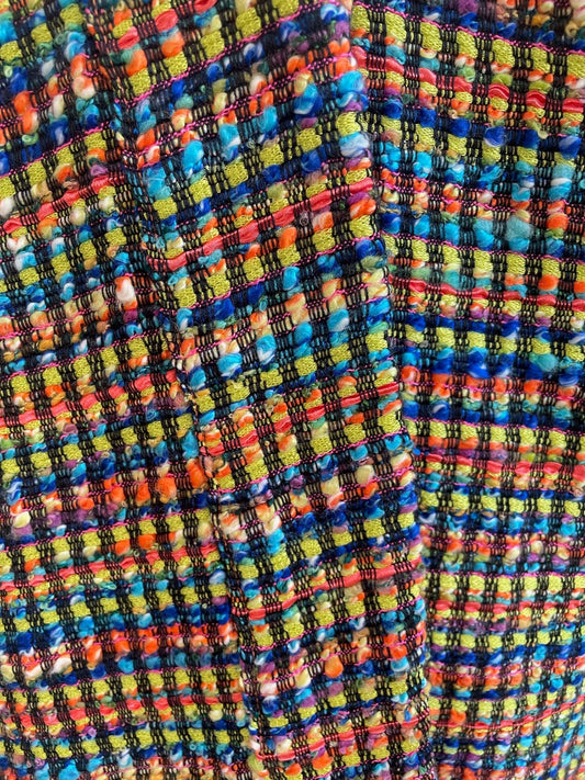 Kimono en tweed jaune, bleu, orange, turquoise et noir et fabriqué en France