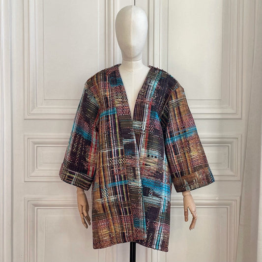 Kimono en tweed marron, turquoise, blanc, rouge et jaune... et fabriqué en France