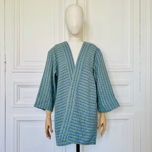 Kimono en tweed bleu, turquoise et beige tissé et fabriqué en France