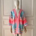 Kimono en tweed rose, bleu ciel et jaune tissé et fabriqué en France