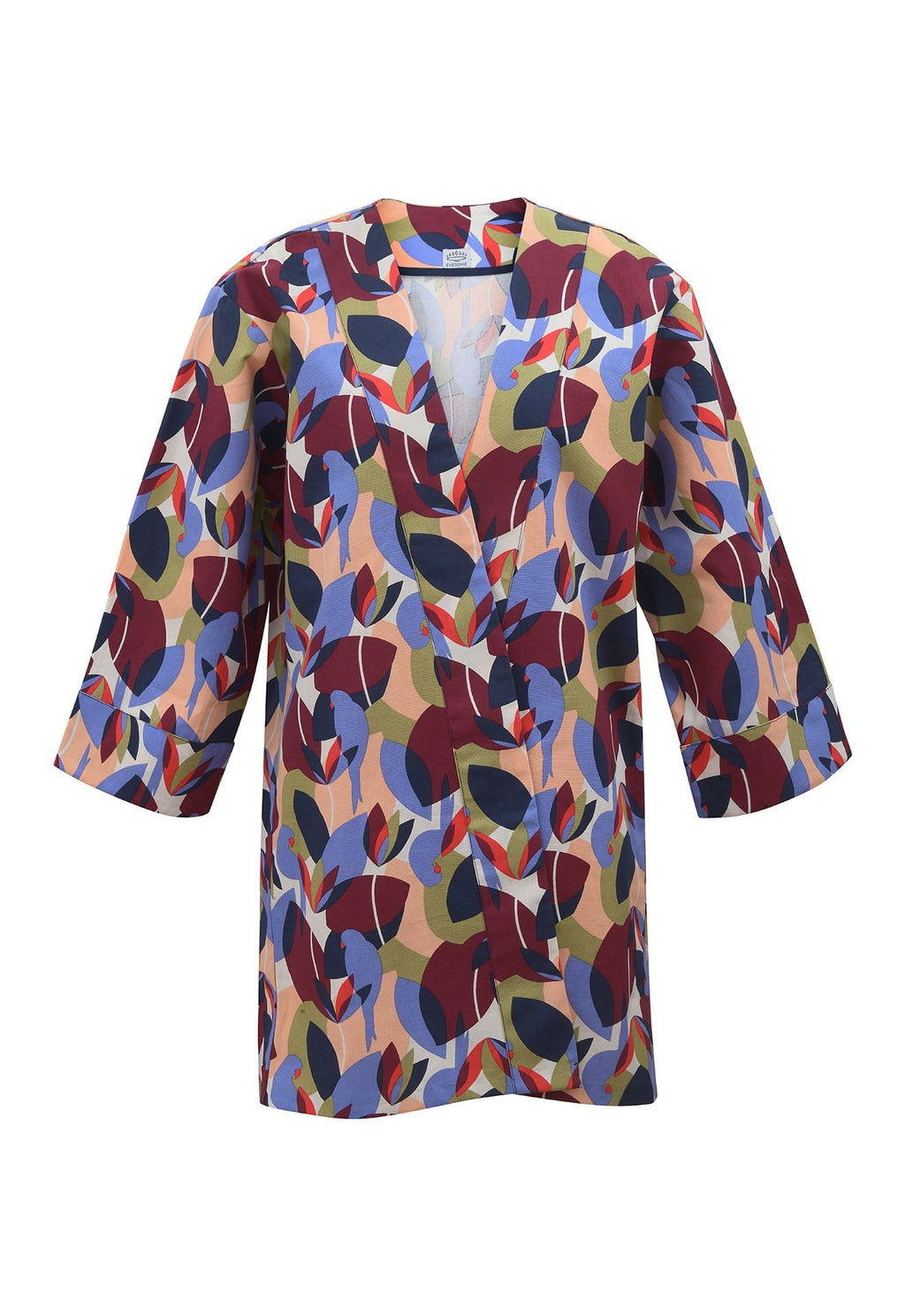 Kimono en coton imprimé perroquets prune, lilas, vert et saumon fabriqué en France