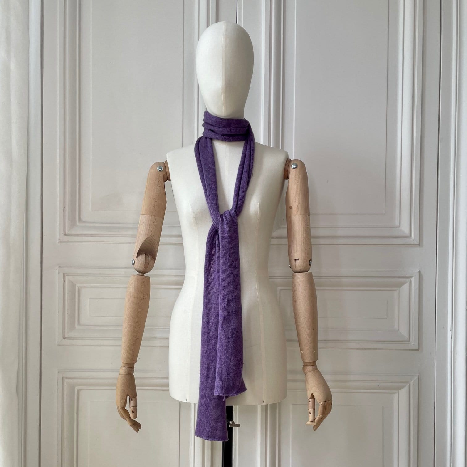 Mini écharpe violette tricotée en France 58% cachemire 42% lin