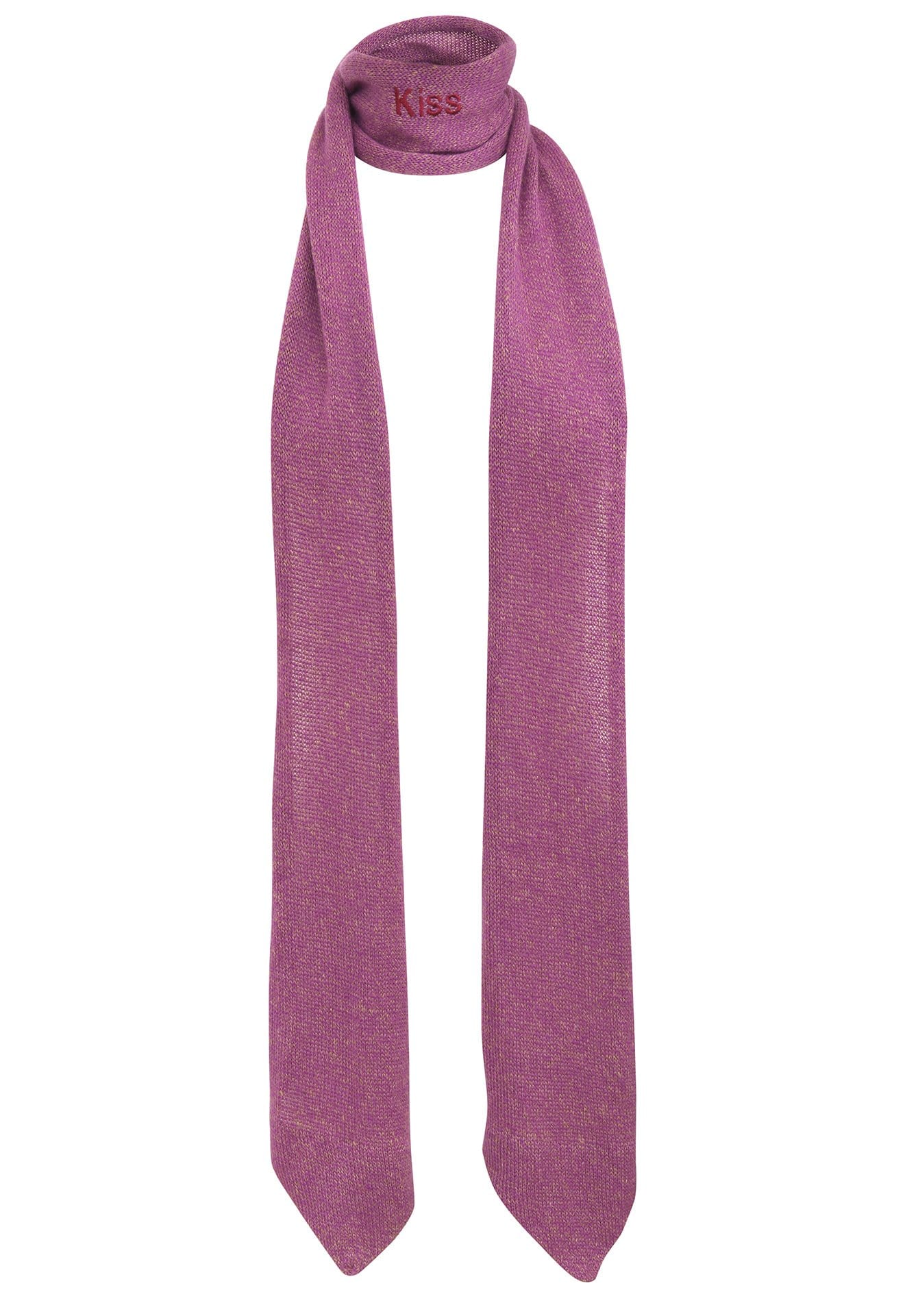 Echarpe violette à bouts cravate avec broderie Kiss tricotée en France 58% cachemire 42% lin
